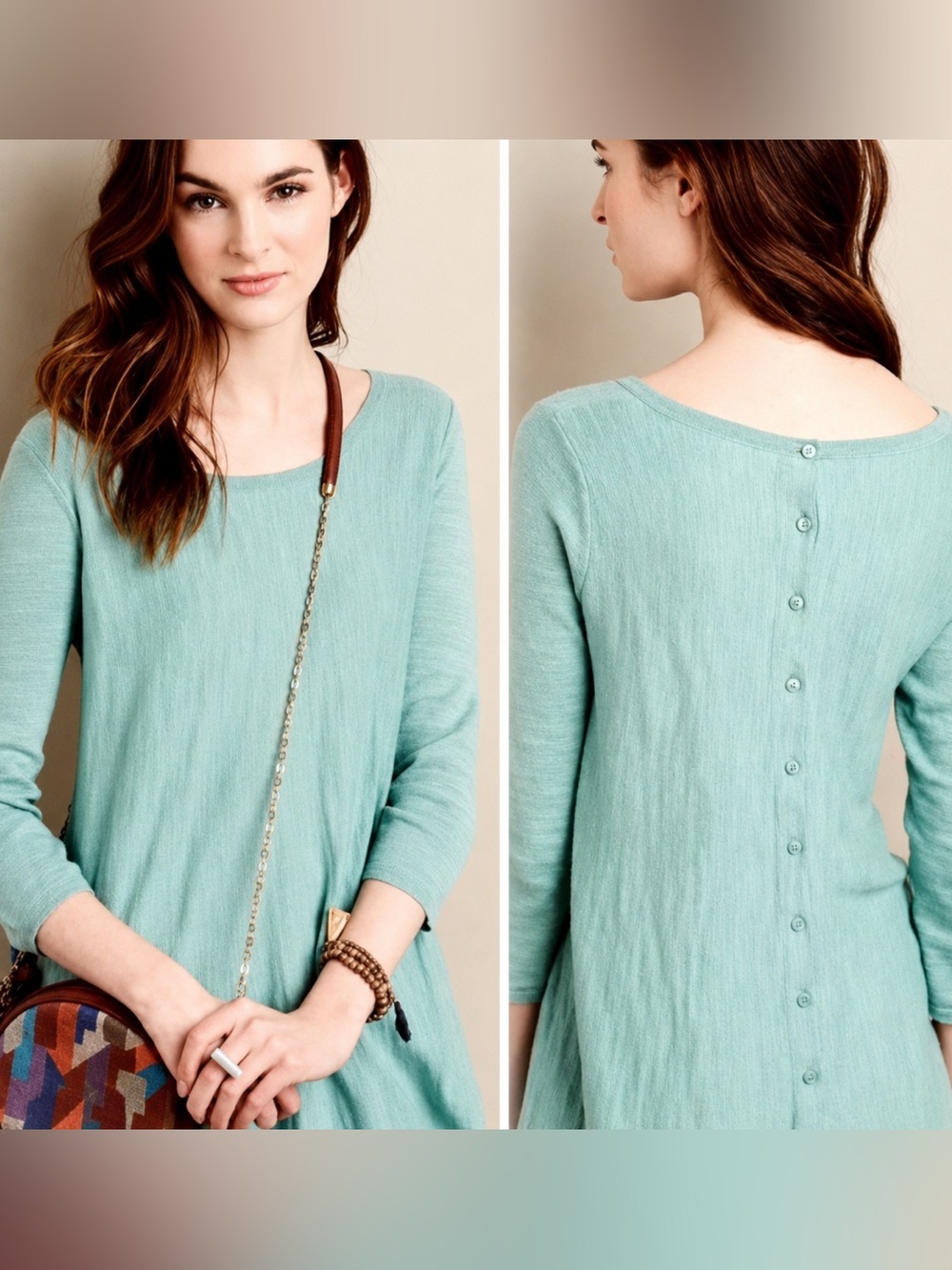Anthropologie Moth Slub Button Back Seafoam Mint Green Knit Swing Top Size L